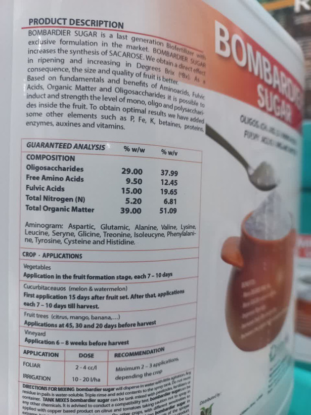 کود کشاورزی بمباردیر شوگر BOMBARDIER SUGAR افزایش باروری و کیفیت محصول، افزایش سایز میوه، افزایش قند و شیرینی میوه، بهبود رسیدن میوه، گالن پنج لیتری